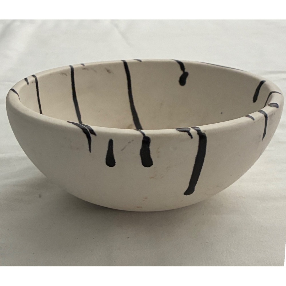 5.5in Ceramic Bowl Minimalist Black Drip Abstract Cream signed